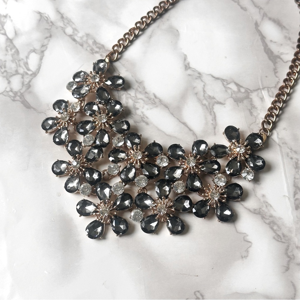 Gray Beaded Rhinestone Floral Statement Necklace